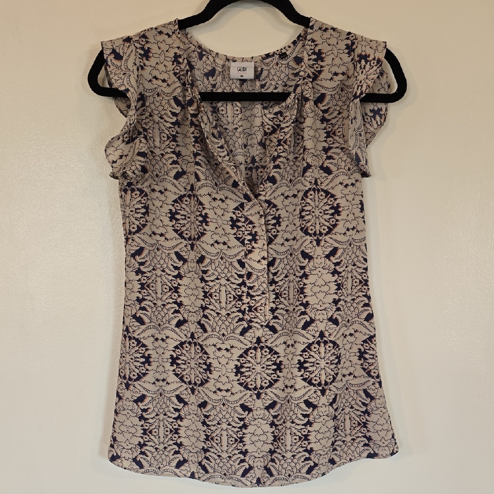 CAbi Cream and Black Lace Blouse